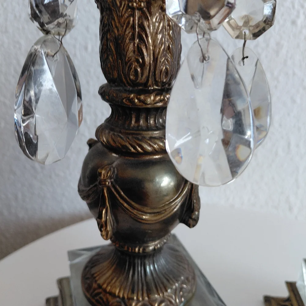 Rare Brass Crystal Glass Set Of 2 Italian Style Hollywood Regency Candle Holders